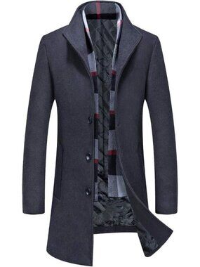 Aptro Men's Wool Trench Coat Winter Fleece Business Jacket Overcoat With Scraf